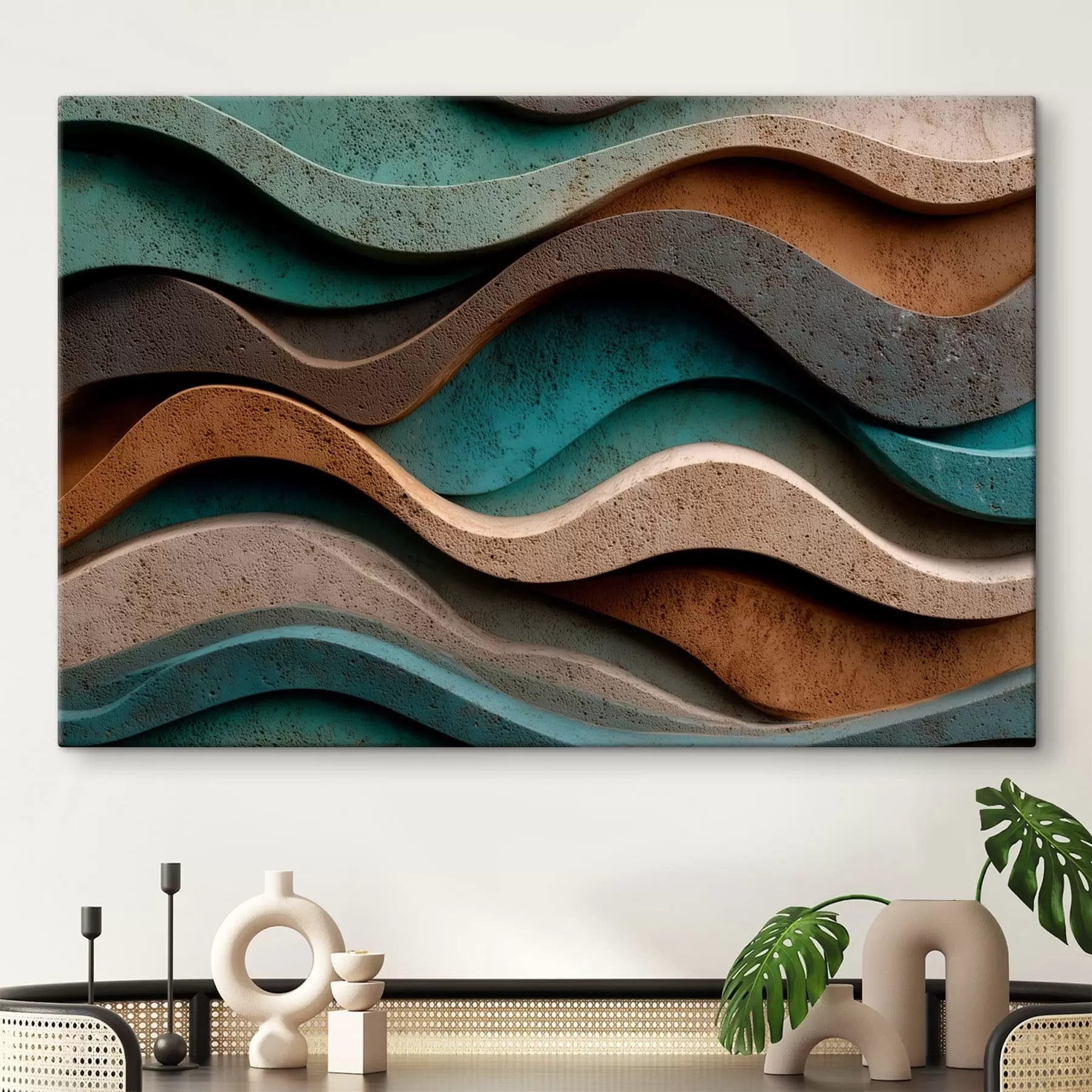 murales Capas onduladas abstractas en tonos verde azulado y terracota s48797