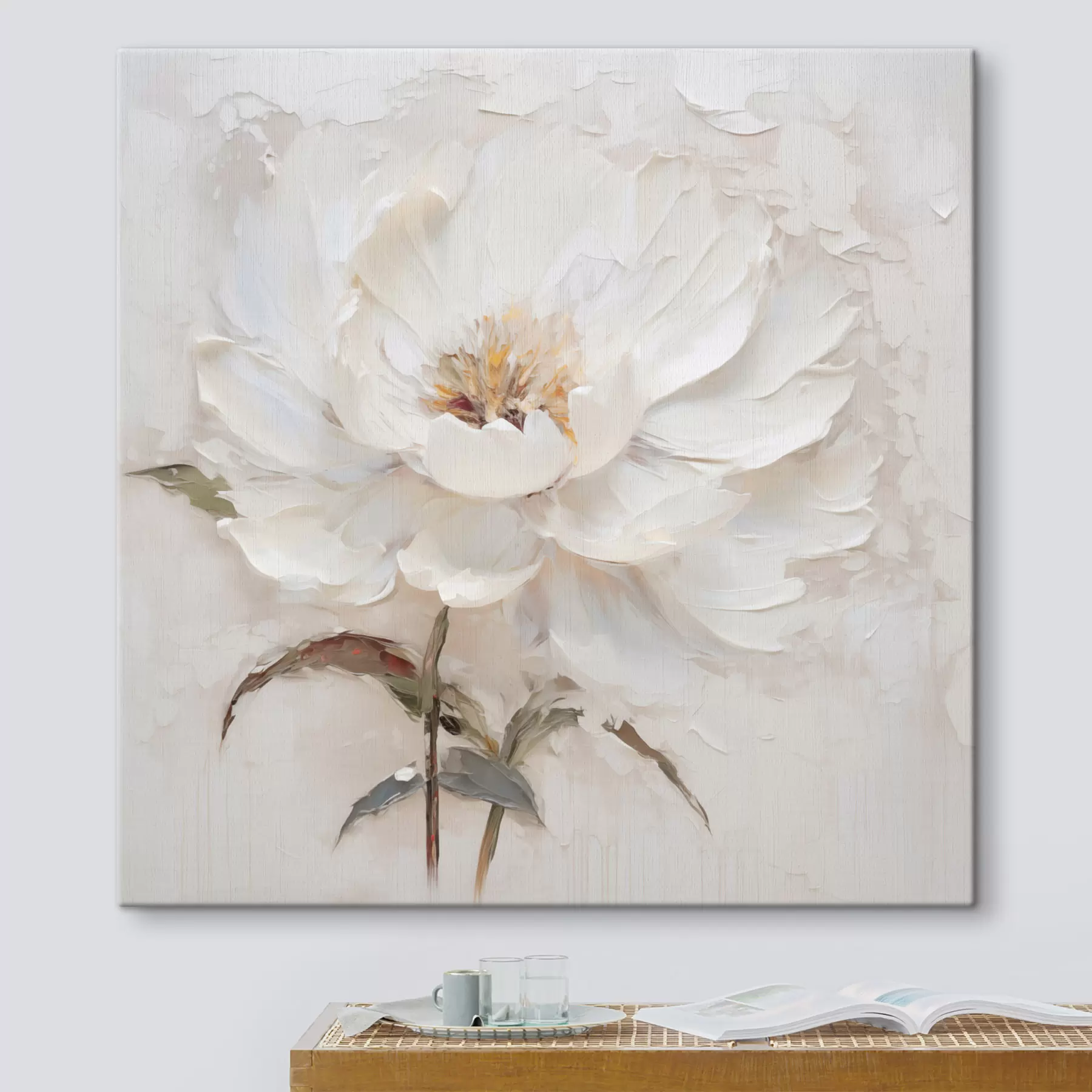murales Flor blanca en estilo impasto con pinceladas suaves s48801