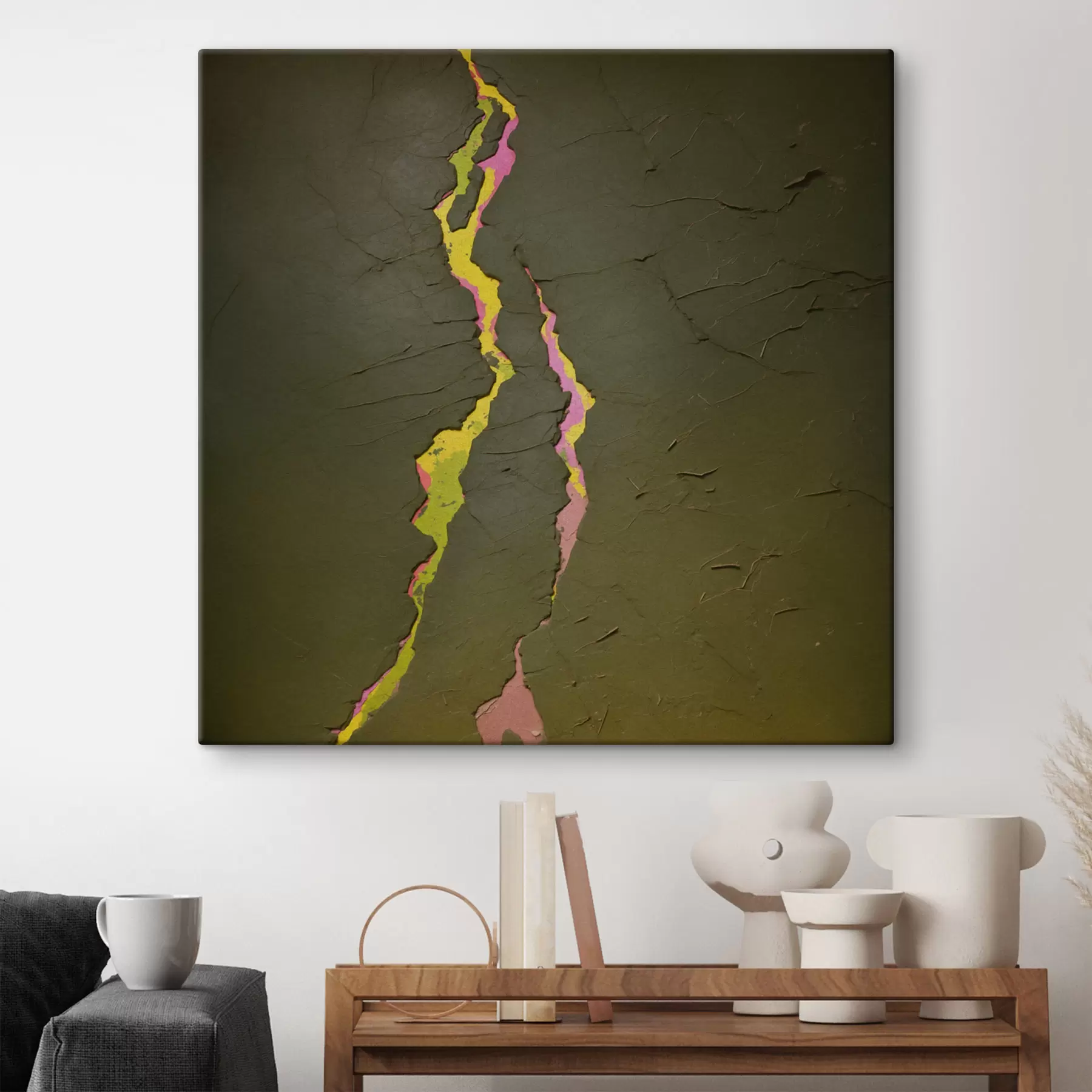 murales Grieta abstracta con capas de colores vivos bajo una superficie oscura s48805