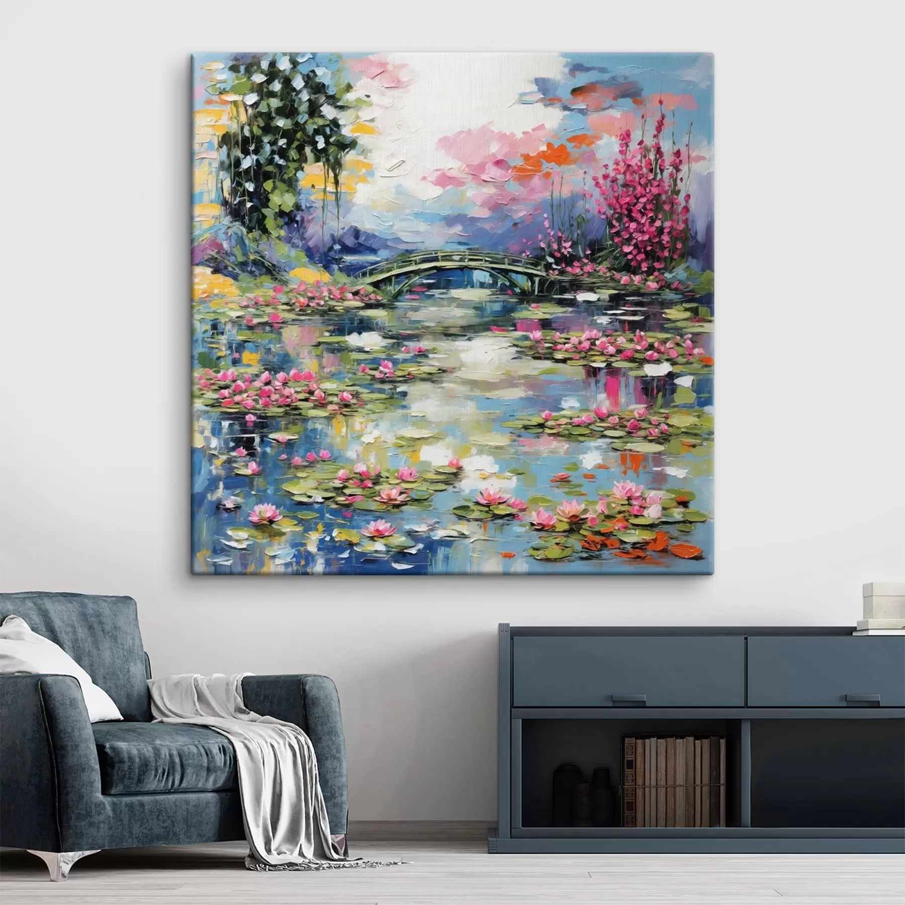 wall murals Impressionism bridge over pond with lilies and flowers s48807