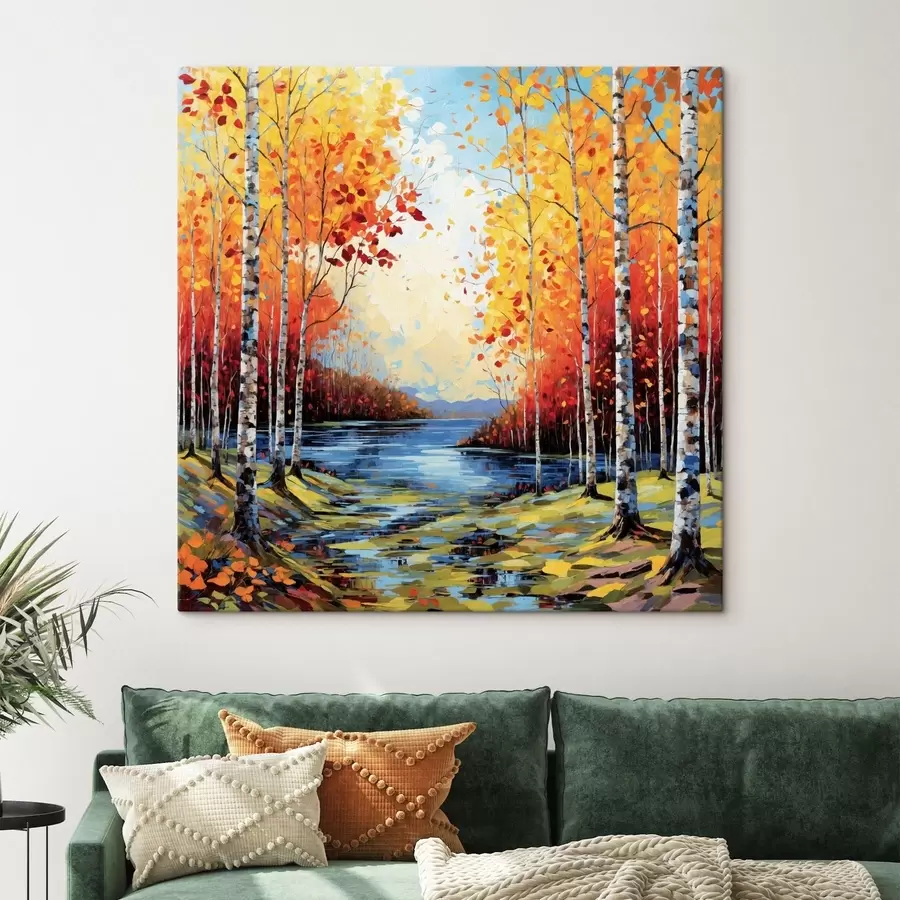 Wall Mural Photo Wallpaper Impressionism autumn birch forest with river s48809