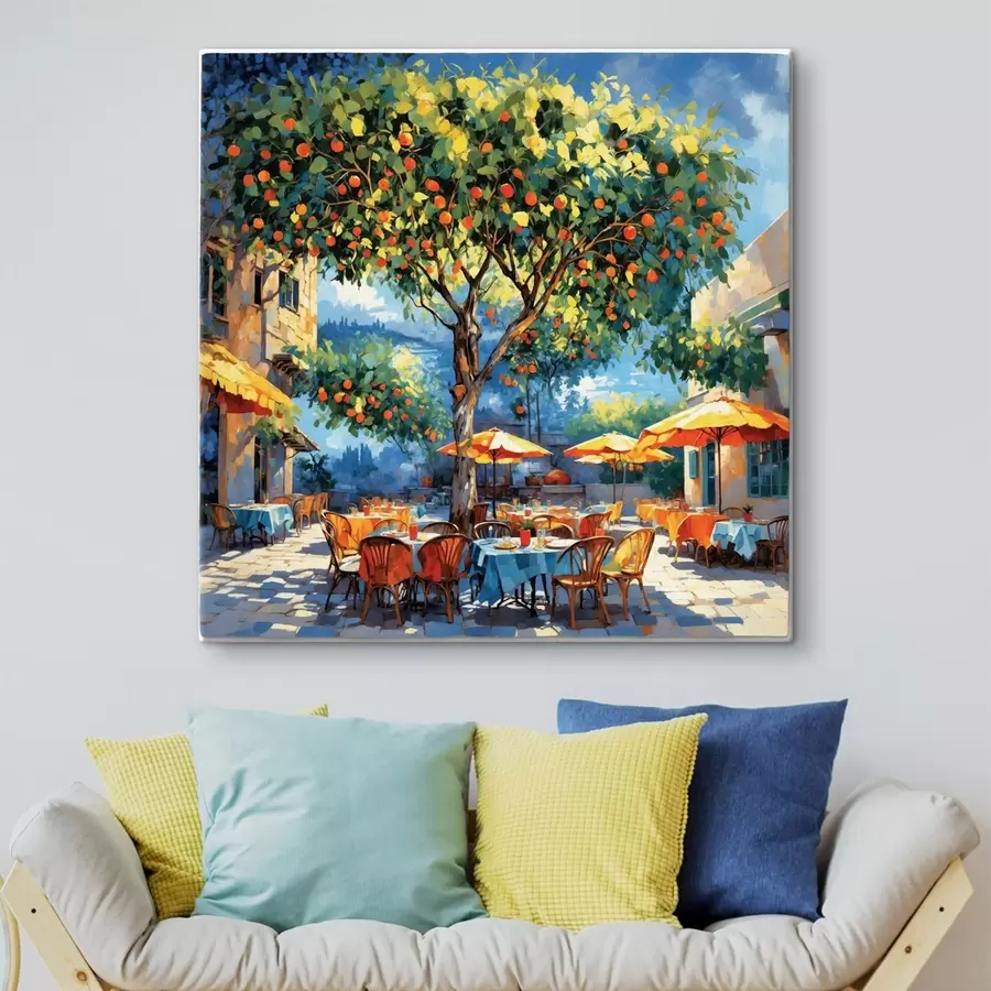 Wall Mural Photo Wallpaper Impressionism cafe courtyard with tree and umbrellas s48811