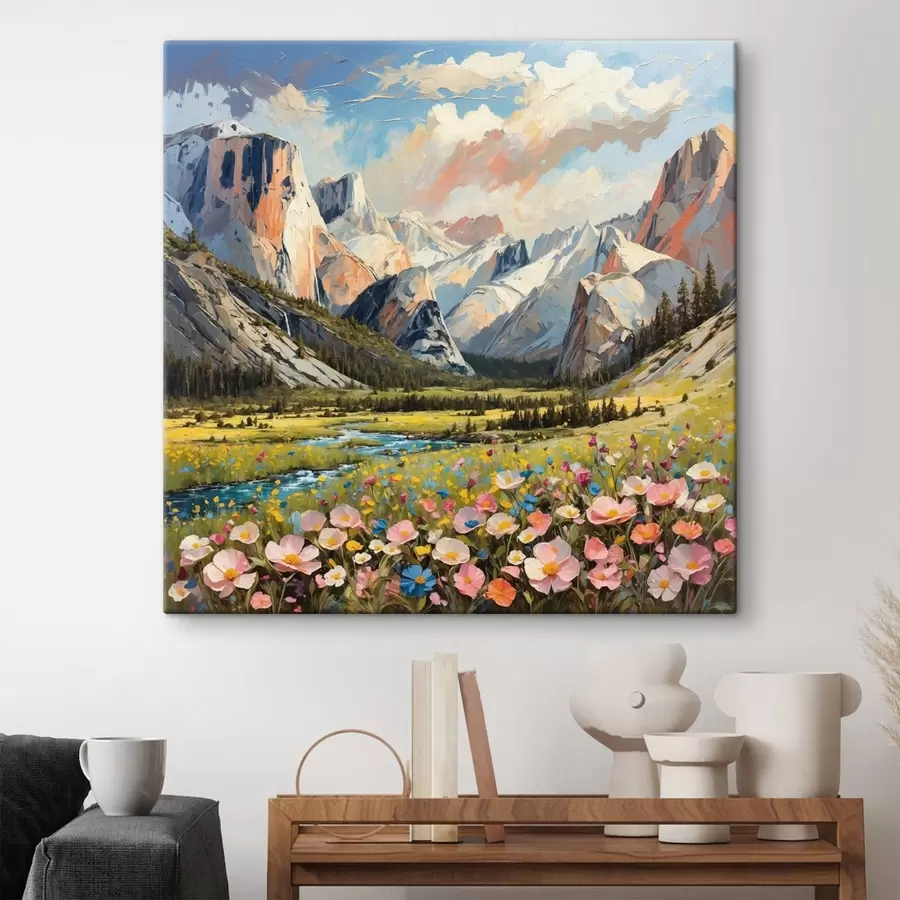Wall Mural Photo Wallpaper Impressionism mountain valley with river and flowers s48812