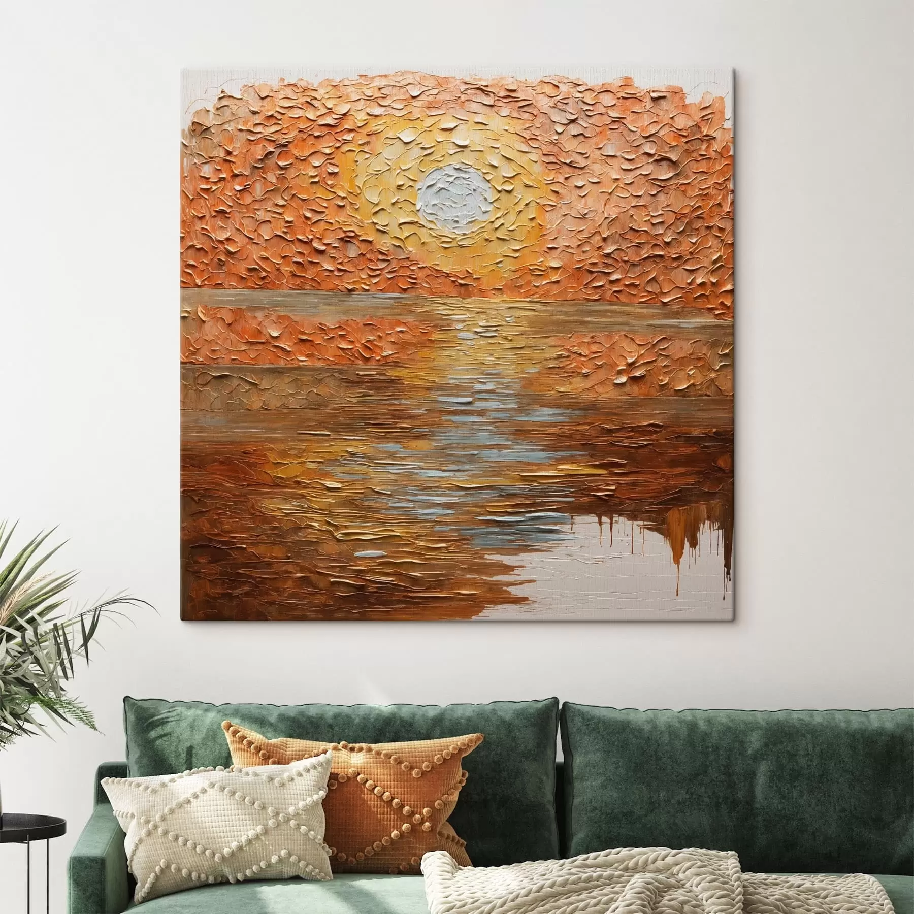 murales Puesta de sol abstracta sobre el agua, al estilo impasto s48815