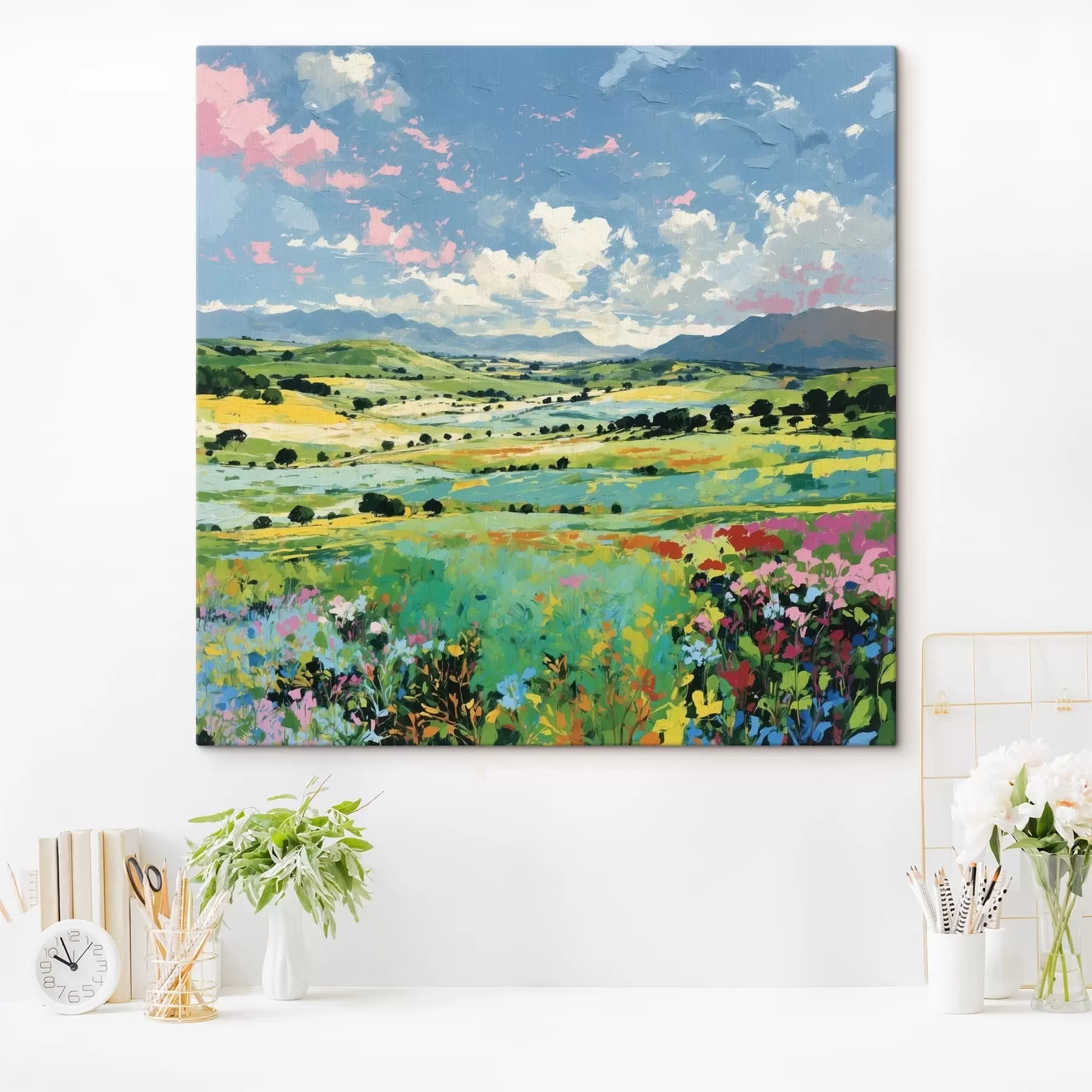 wall murals Impressionism blooming fields and hills under sky s48819