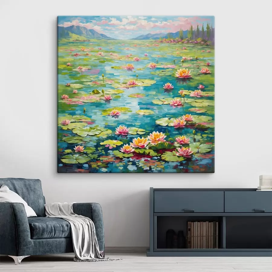 murales Impresionismo: estanque de nenúfares con montañas en la lejanía s48820