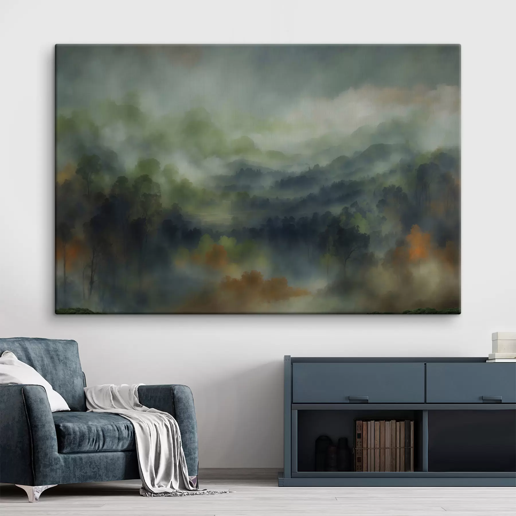 murales Paisaje atmosférico de un bosque brumoso en tonos verdes s48821