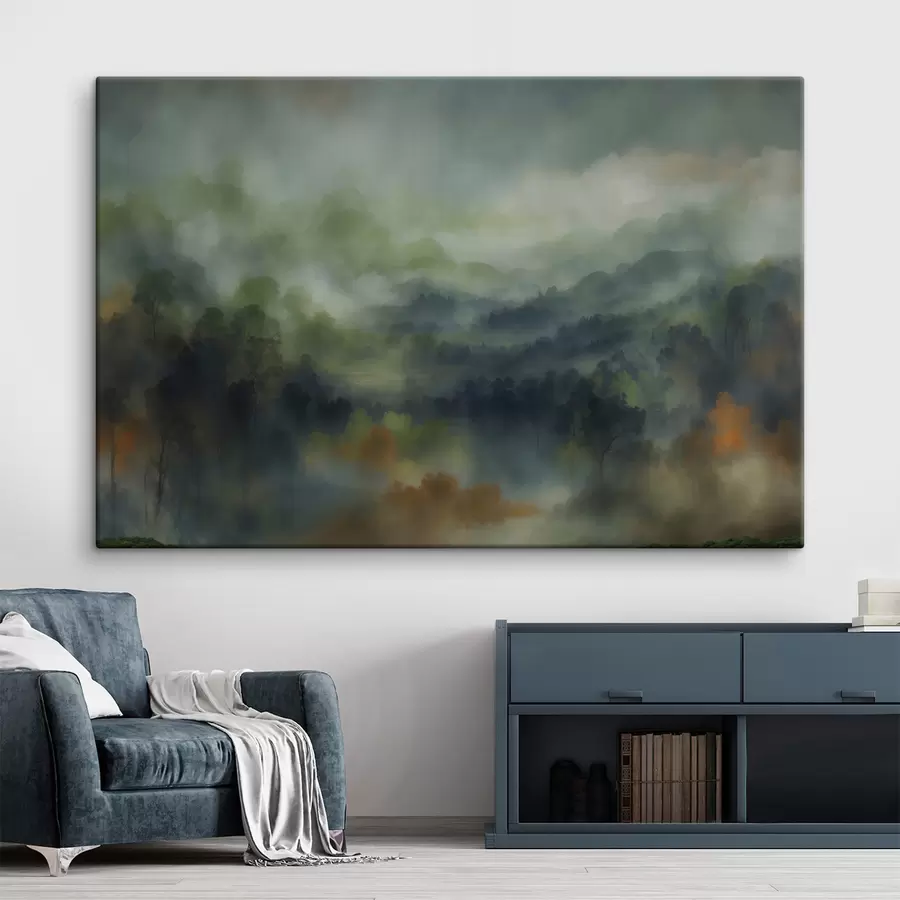 murales Paisaje atmosférico de un bosque brumoso en tonos verdes s48821