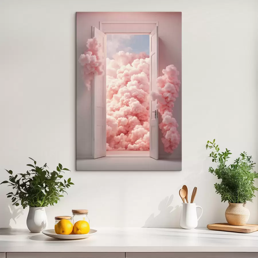 murales Puerta surrealista con nubes rosas en su interior s48823