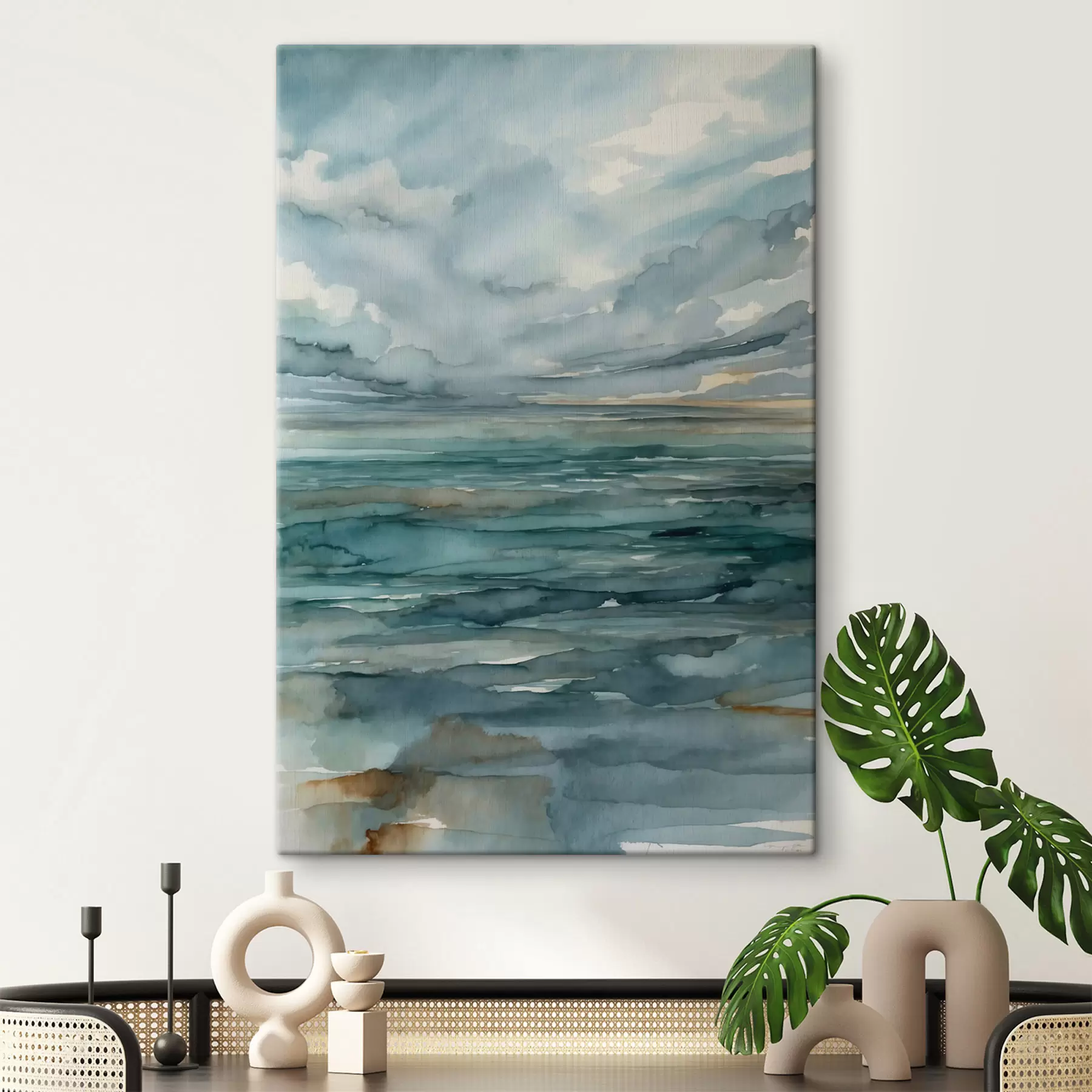 wall murals Watercolor calm sea under cloudy sky s48824