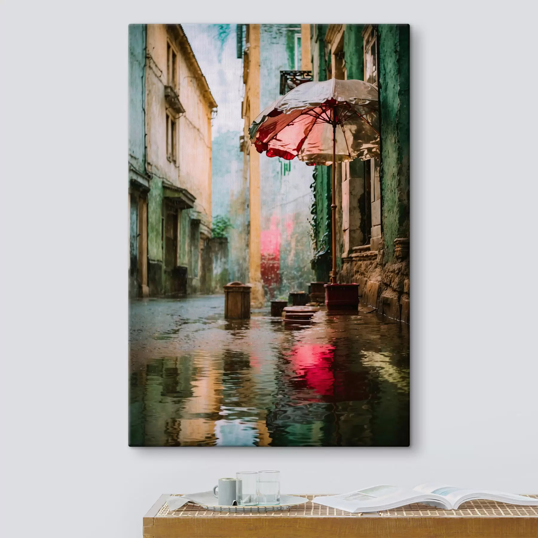 wall murals Realism rainy street with umbrella and reflections s48829