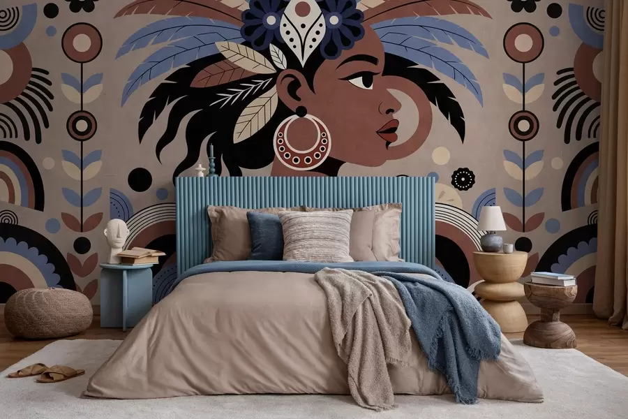 Wall Mural Photo Wallpaper a stylish African-inspired design in shades of blue and chocolate w05389
