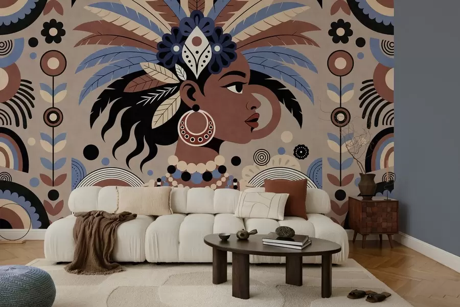 peintures murales un motif élégant d'inspiration africaine dans des tons de bleu et de chocolat w05389