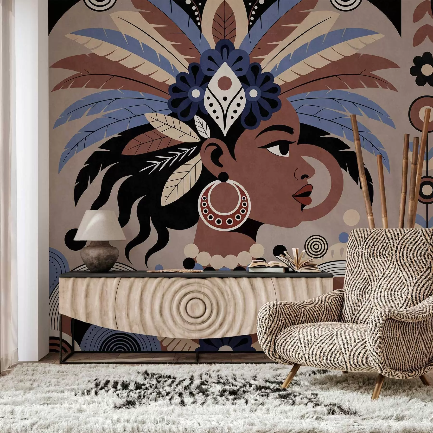 wall murals a stylish African-inspired design in shades of blue and chocolate w05389