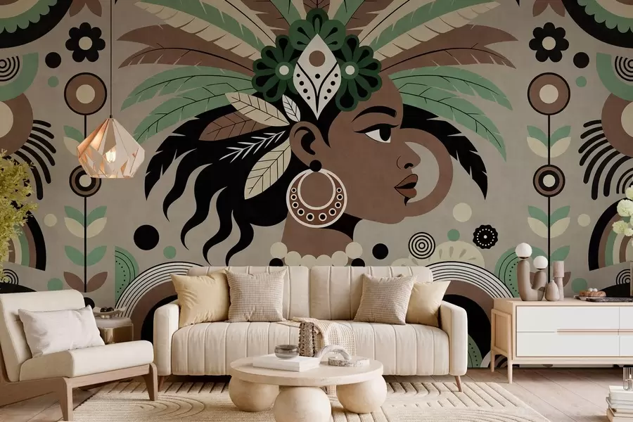 Wall Mural Photo Wallpaper a stylish African-inspired design in shades of green, brown and beige w05389v1