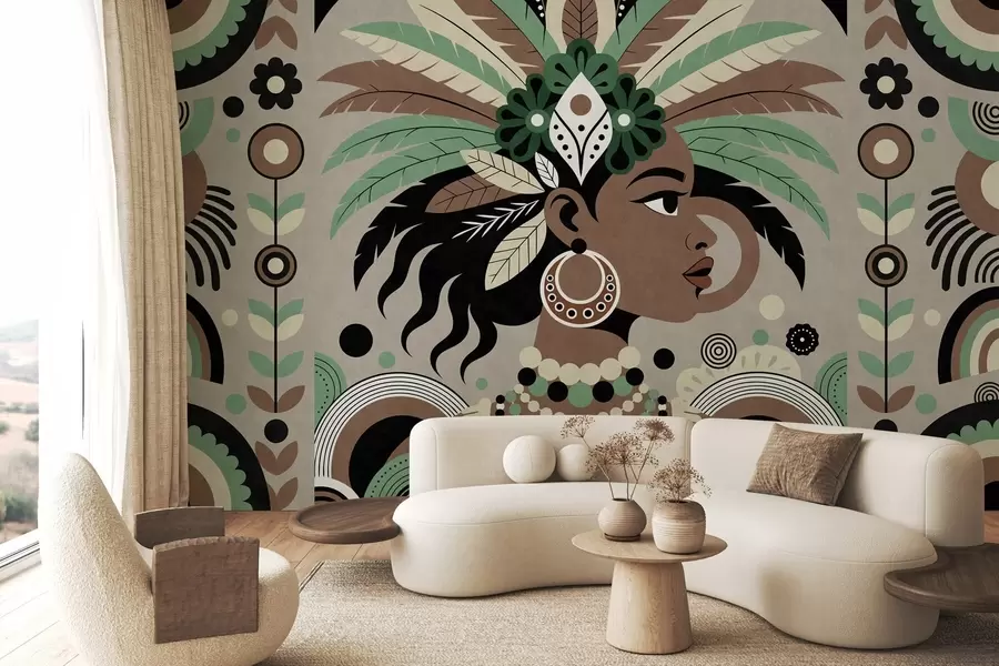 Wall Mural Photo Wallpaper a stylish African-inspired design in shades of green, brown and beige w05389v1