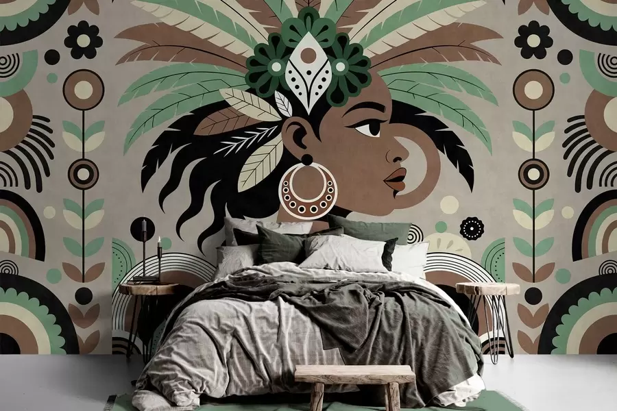 Wall Mural Photo Wallpaper a stylish African-inspired design in shades of green, brown and beige w05389v1