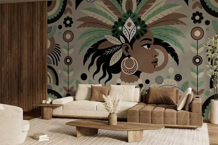 murales un elegante diseño de inspiración africana en tonos verdes, marrones y beige w05389v1