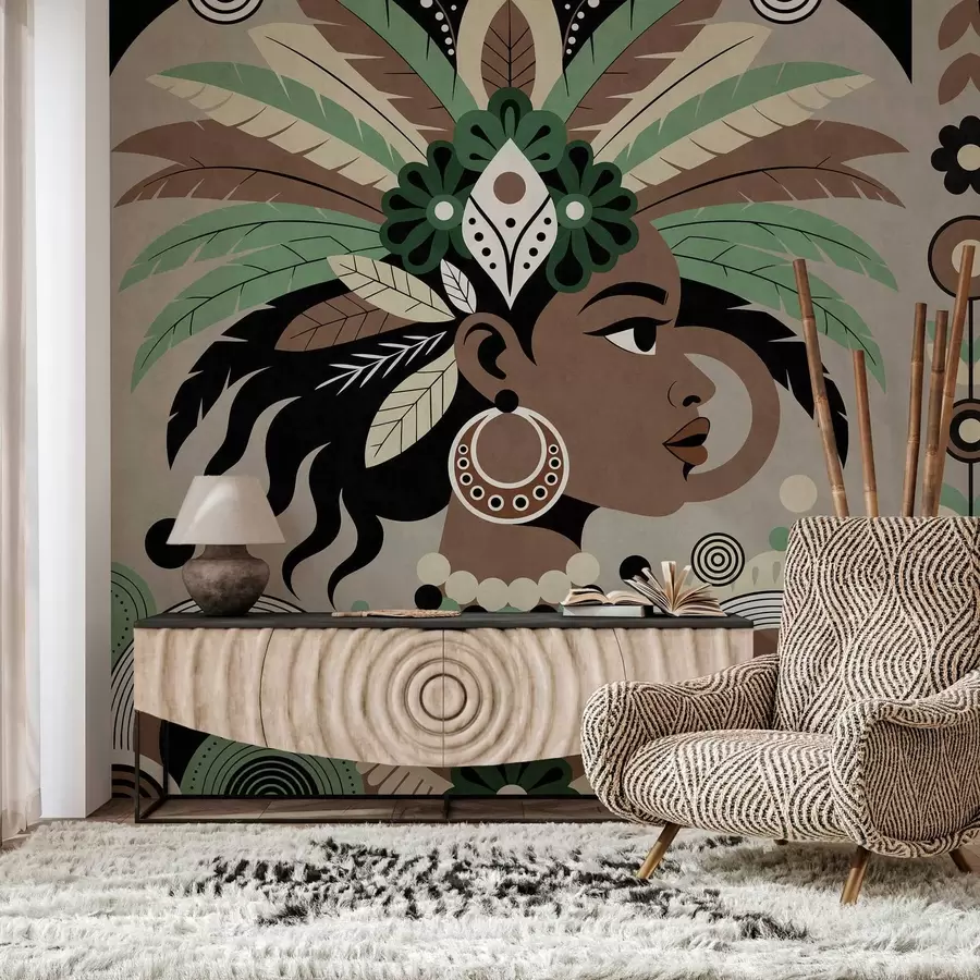 murales un elegante diseño de inspiración africana en tonos verdes, marrones y beige w05389v1