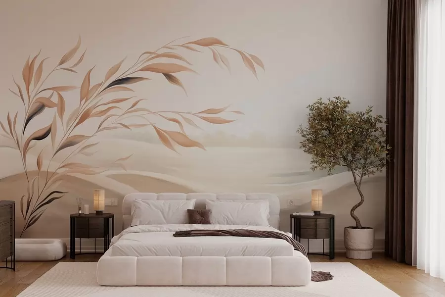 murales Un paisaje apacible con una rama sobre las colinas, en tonos beige claro w05297