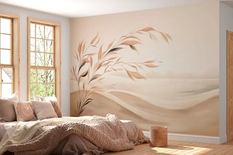 peintures murales Un paysage apaisant avec une branche au-dessus des collines, dans des tons beige clair w05297