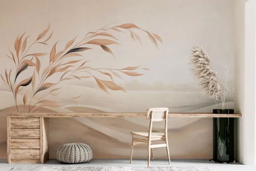 murales Un paisaje apacible con una rama sobre las colinas, en tonos beige claro w05297