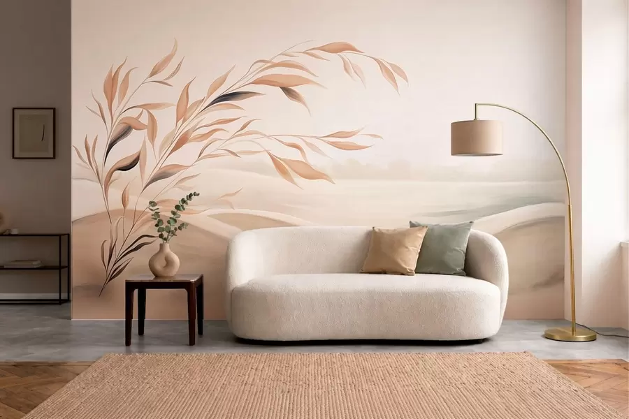 peintures murales Un paysage apaisant avec une branche au-dessus des collines, dans des tons beige clair w05297