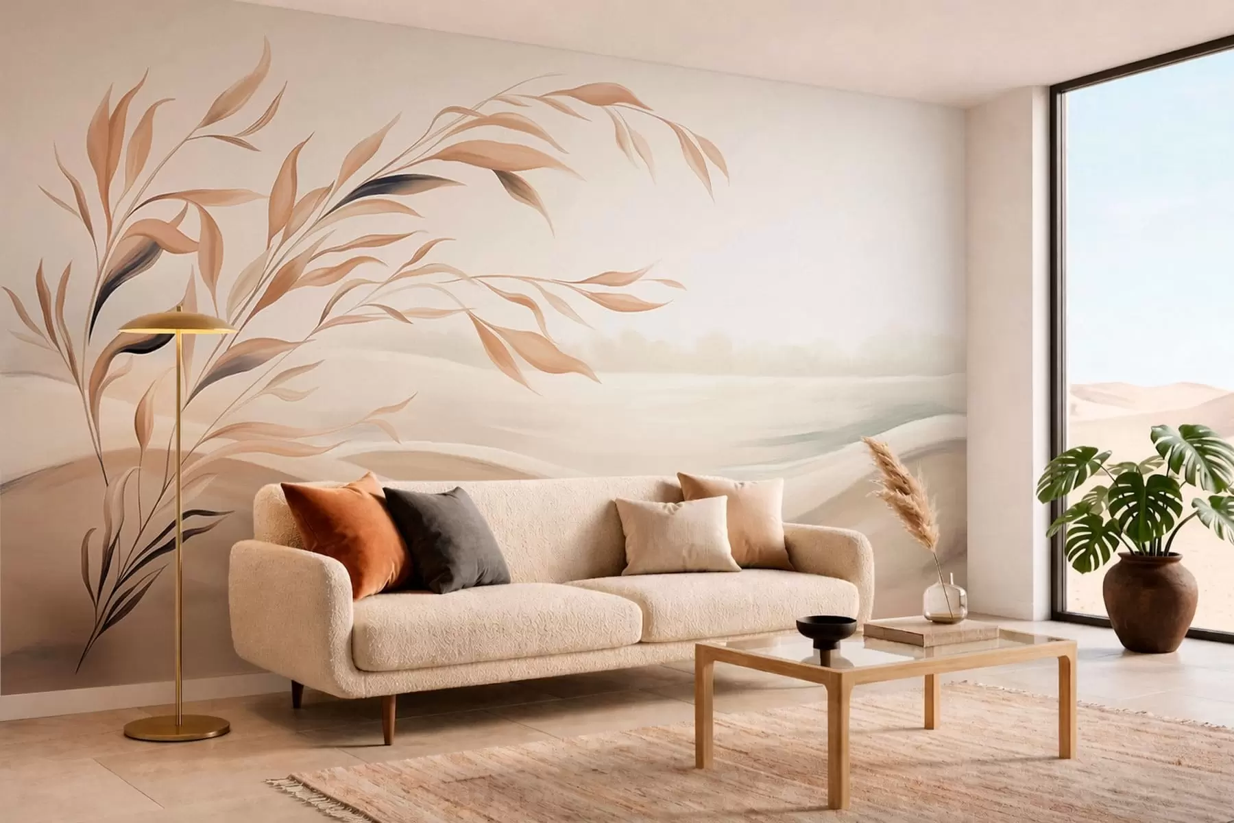 Wall Mural Photo Wallpaper A soft landscape with a branch over hills in light beige tones w05297