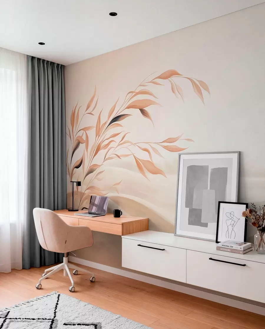 wall murals A soft landscape with a branch over hills in light beige tones w05297