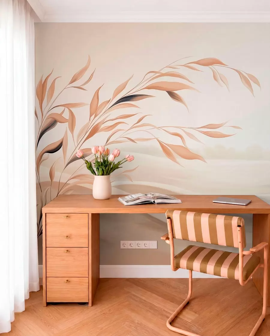 wall murals A soft landscape with a branch over hills in light beige tones w05297