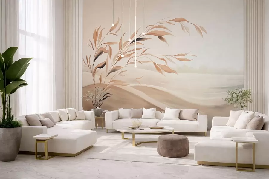 peintures murales Un paysage apaisant avec une branche au-dessus des collines, dans des tons beige clair w05297