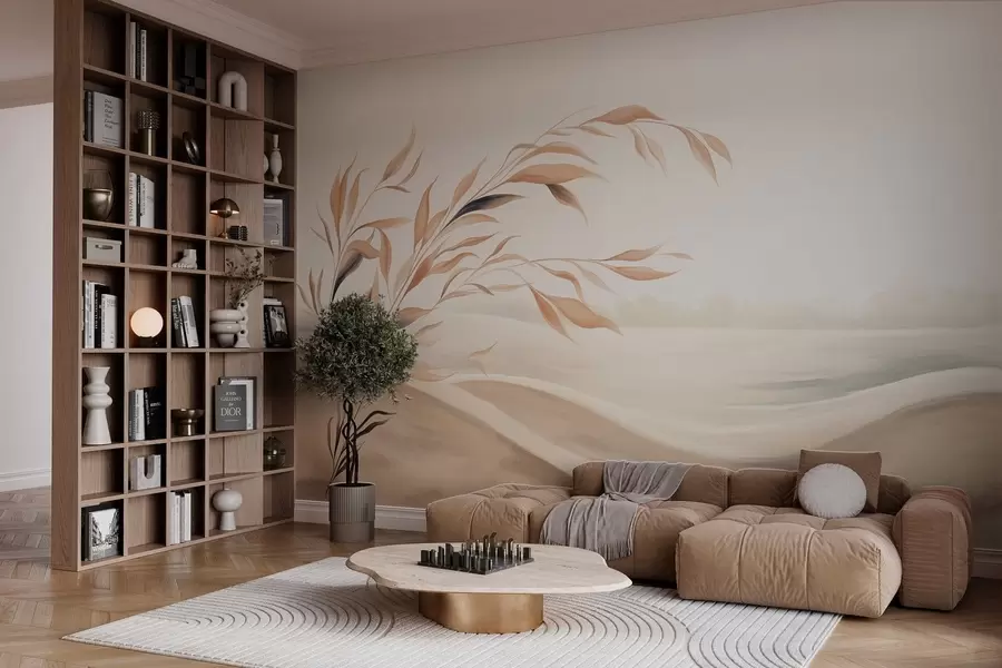 murales Un paisaje apacible con una rama sobre las colinas, en tonos beige claro w05297