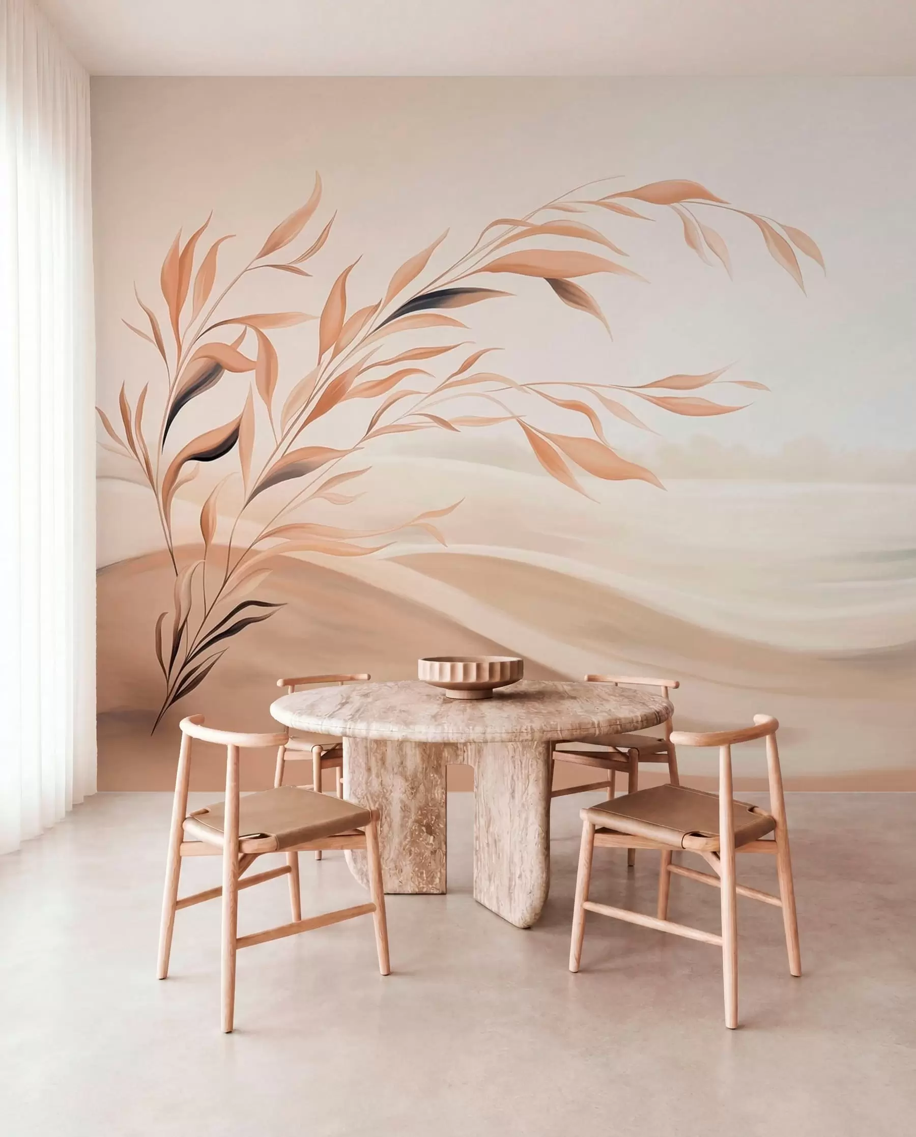 peintures murales Un paysage apaisant avec une branche au-dessus des collines, dans des tons beige clair w05297