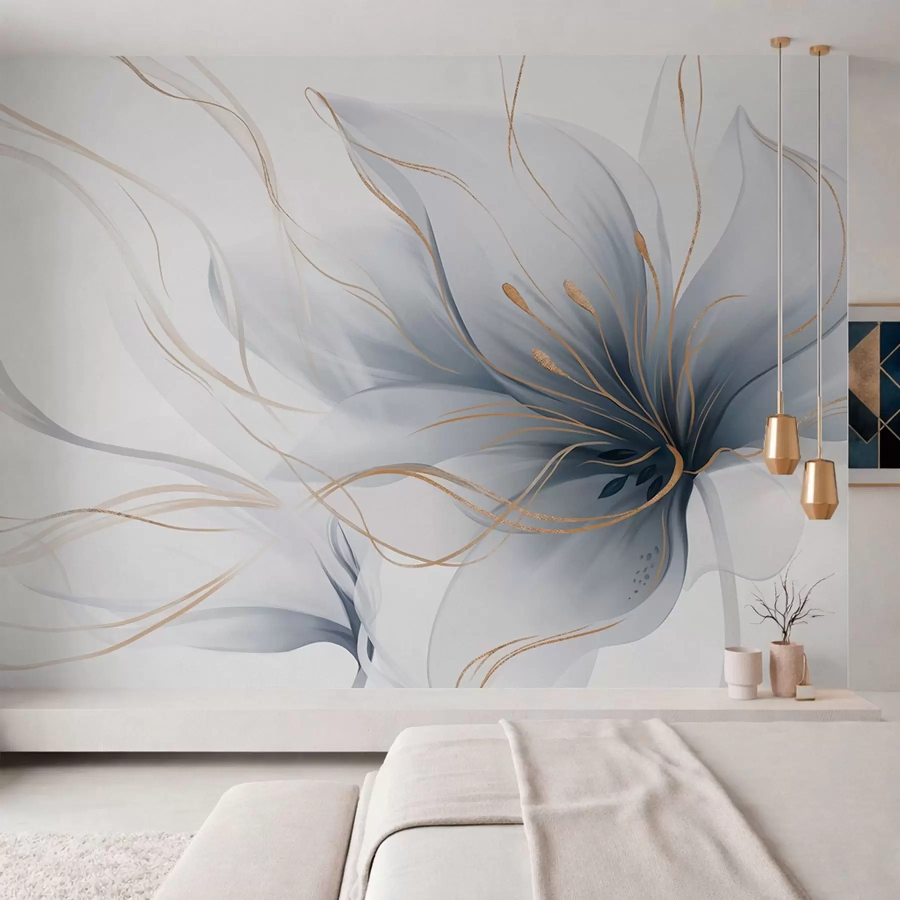 murales Una flor azul abstracta con líneas fluidas al estilo del arte fluido w05428