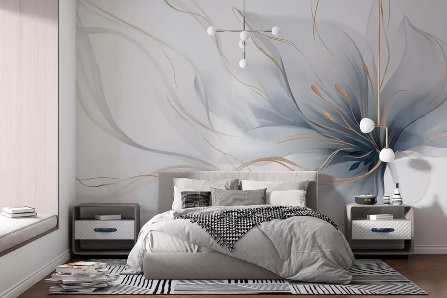 murales Una flor azul abstracta con líneas fluidas al estilo del arte fluido w05428