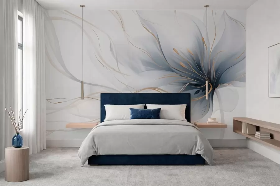 Wall Mural Photo Wallpaper An abstract blue flower with flowing lines in the Fluid Art style w05428