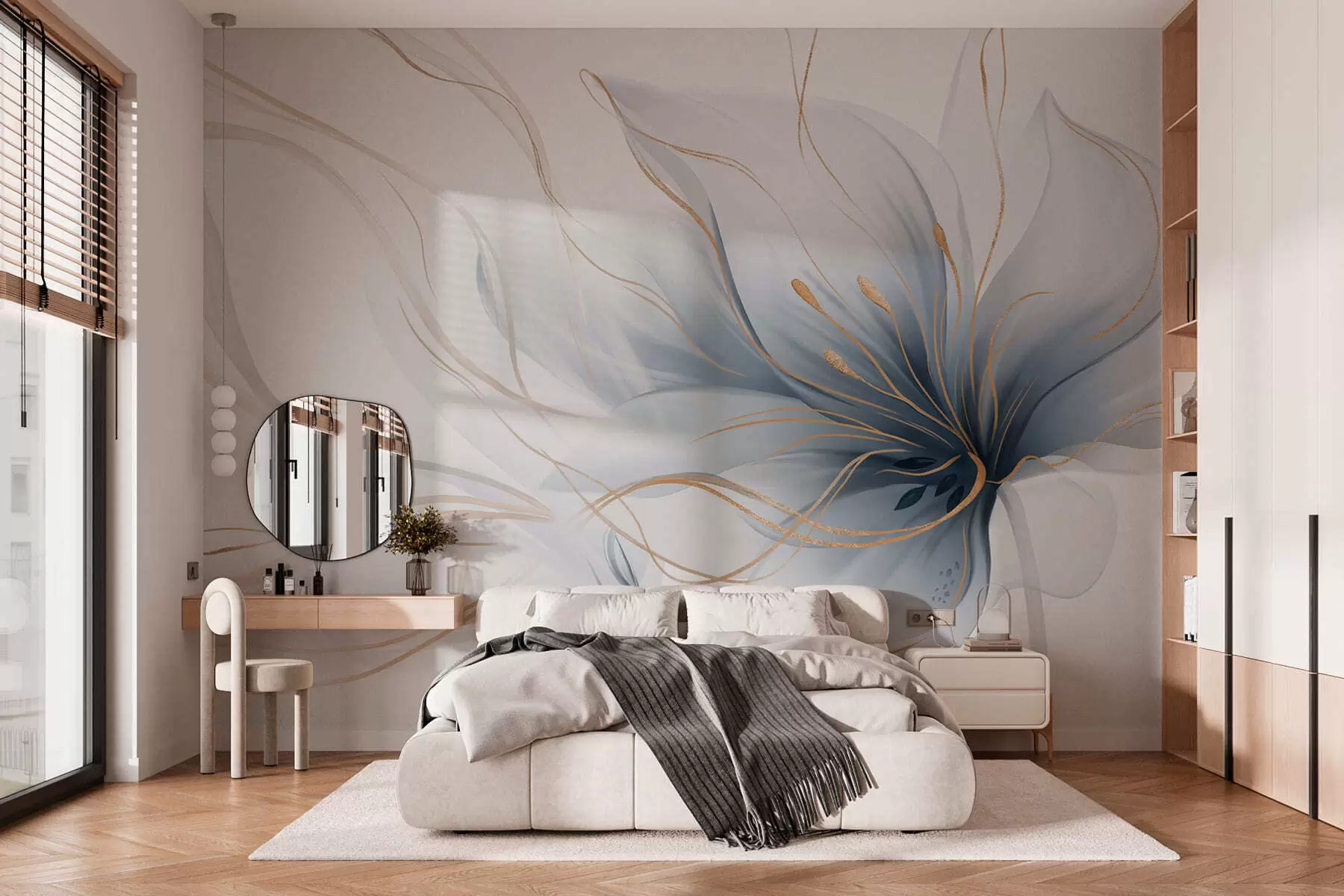 peintures murales Une fleur bleue abstraite aux lignes fluides, dans le style Fluid Art w05428