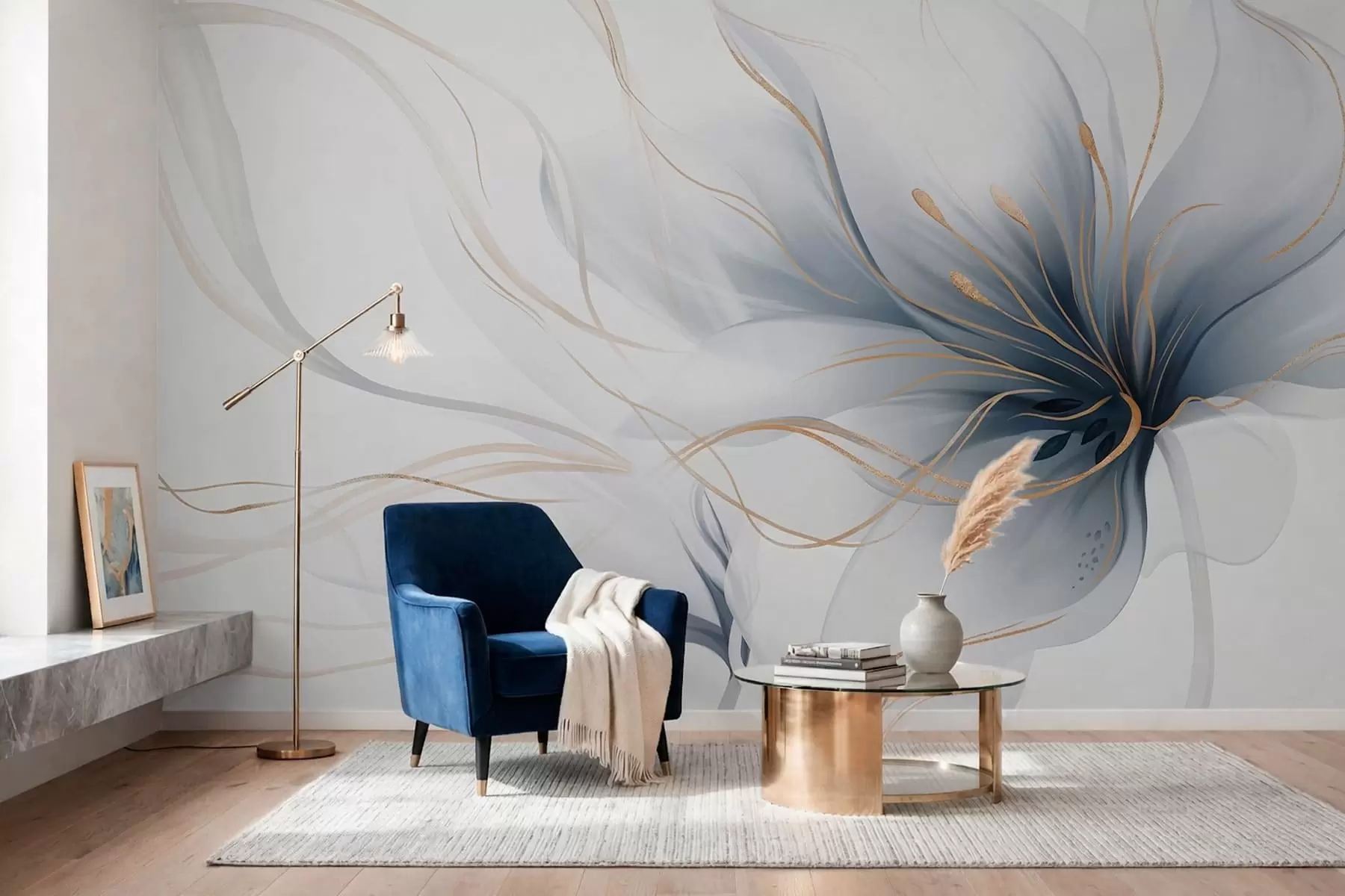 peintures murales Une fleur bleue abstraite aux lignes fluides, dans le style Fluid Art w05428