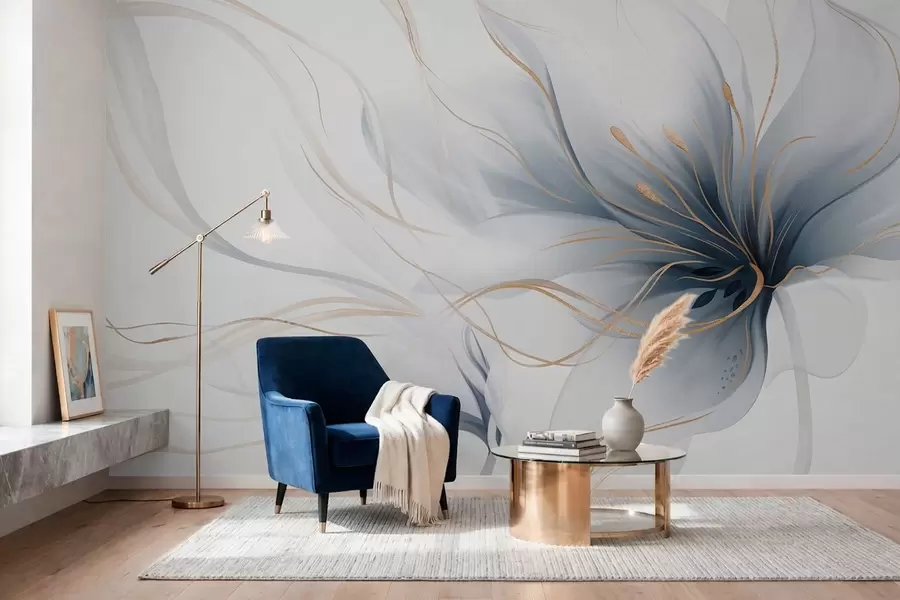 peintures murales Une fleur bleue abstraite aux lignes fluides, dans le style Fluid Art w05428