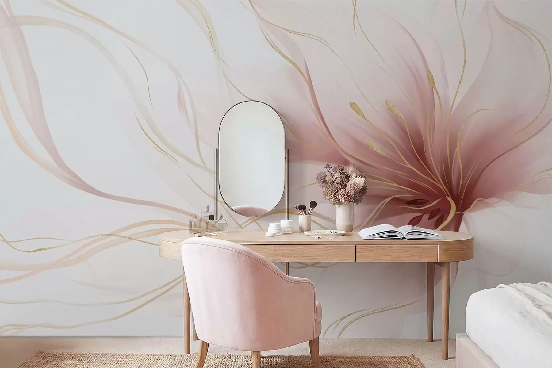 wall murals An abstract pink flower with flowing lines in the Fluid Art style w05428v1