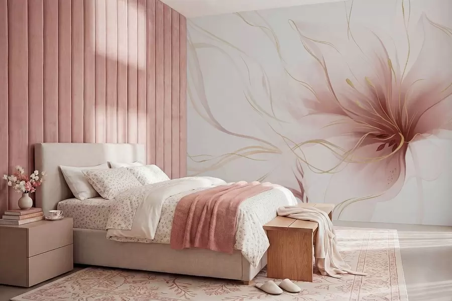 murales Una flor rosa abstracta con líneas fluidas al estilo del arte fluido w05428v1