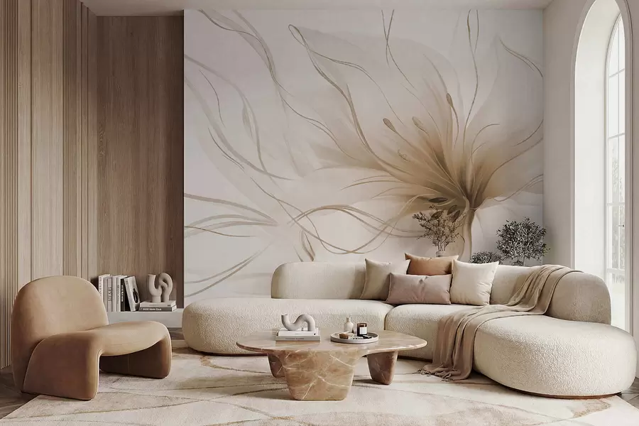 peintures murales Une fleur abstraite de couleur beige aux lignes fluides, dans le style Fluid Art w05428v2