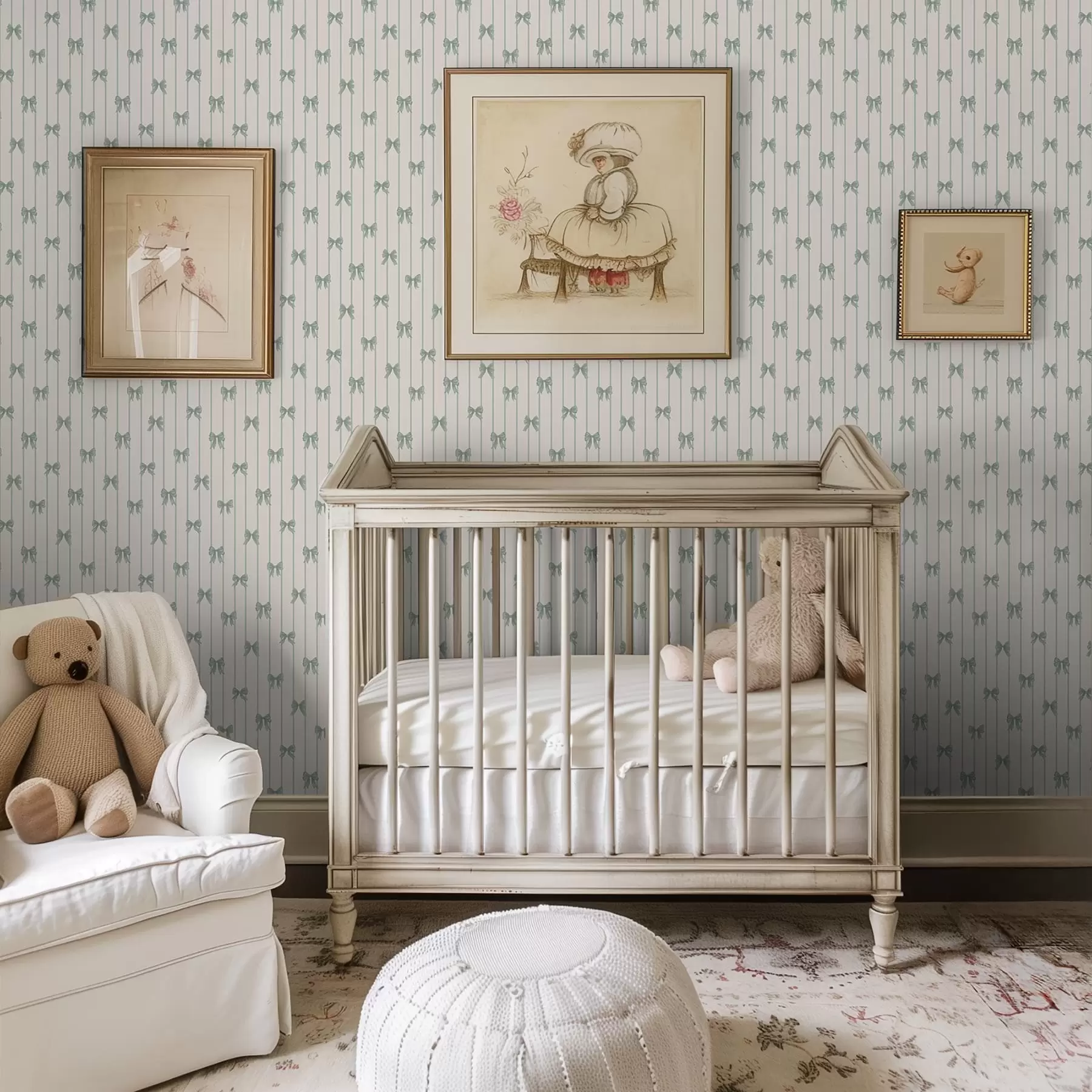 Wall Mural Photo Wallpaper Small green bows in stripes on beige background a01076v2