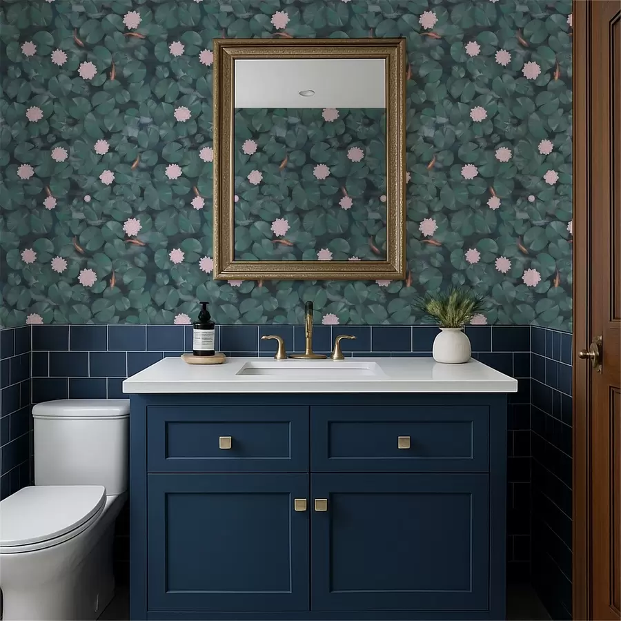 murales Nenúfares con flores y peces sobre fondo oscuro a01177