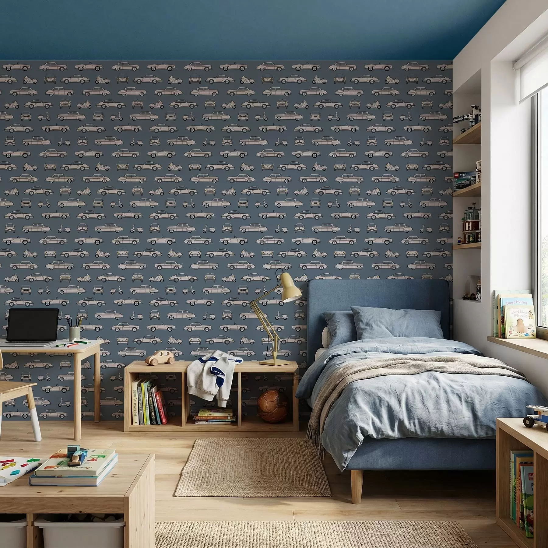 murales Coches y motos retro sobre fondo azul a01178