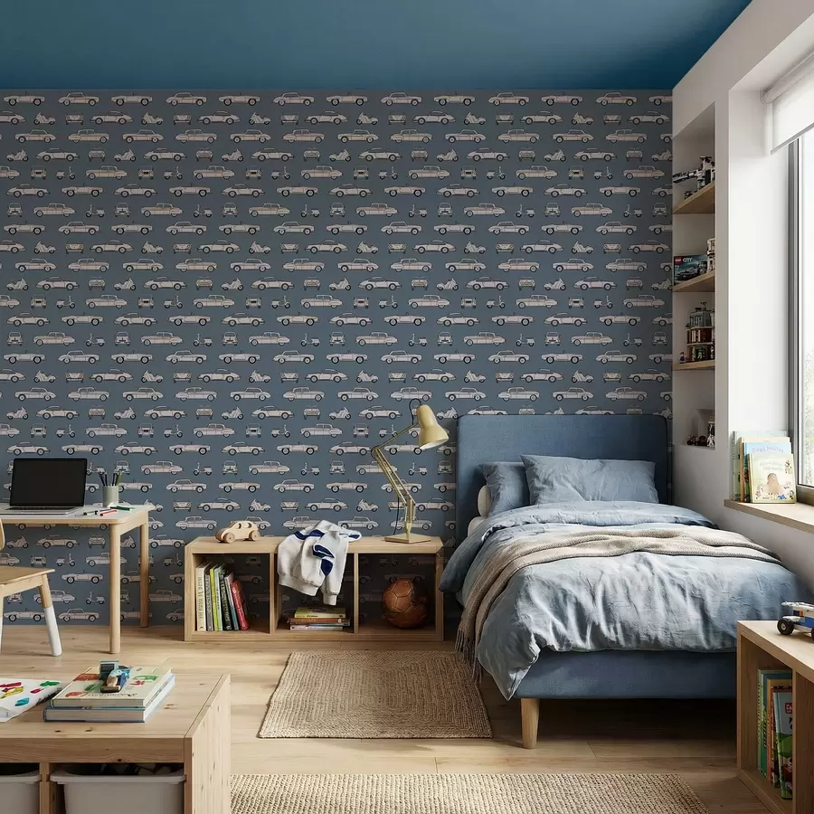 murales Coches y motos retro sobre fondo azul a01178