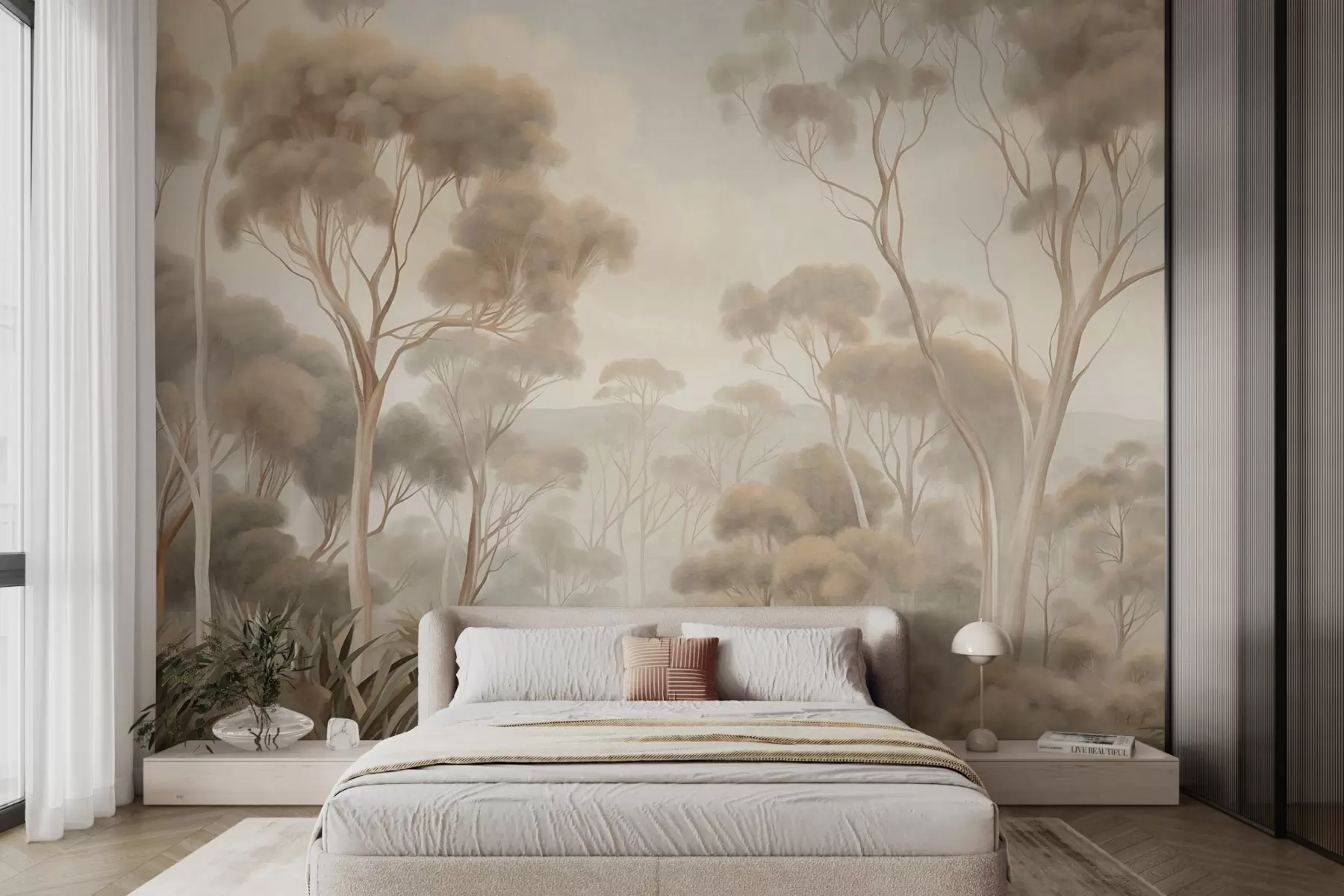 Wall Mural Photo Wallpaper A misty forest landscape with tall eucalyptus trees, with rolling hills under a cloudy sky, textured art w09822