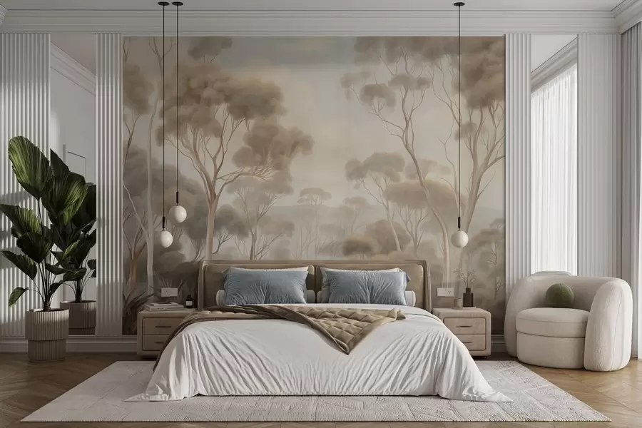 peintures murales Un paysage forestier brumeux avec de grands eucalyptus, des collines ondulantes sous un ciel nuageux, illustration texturée w09822