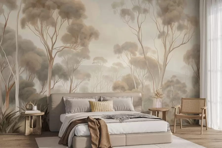 wall murals A misty forest landscape with tall eucalyptus trees, with rolling hills under a cloudy sky, textured art w09822