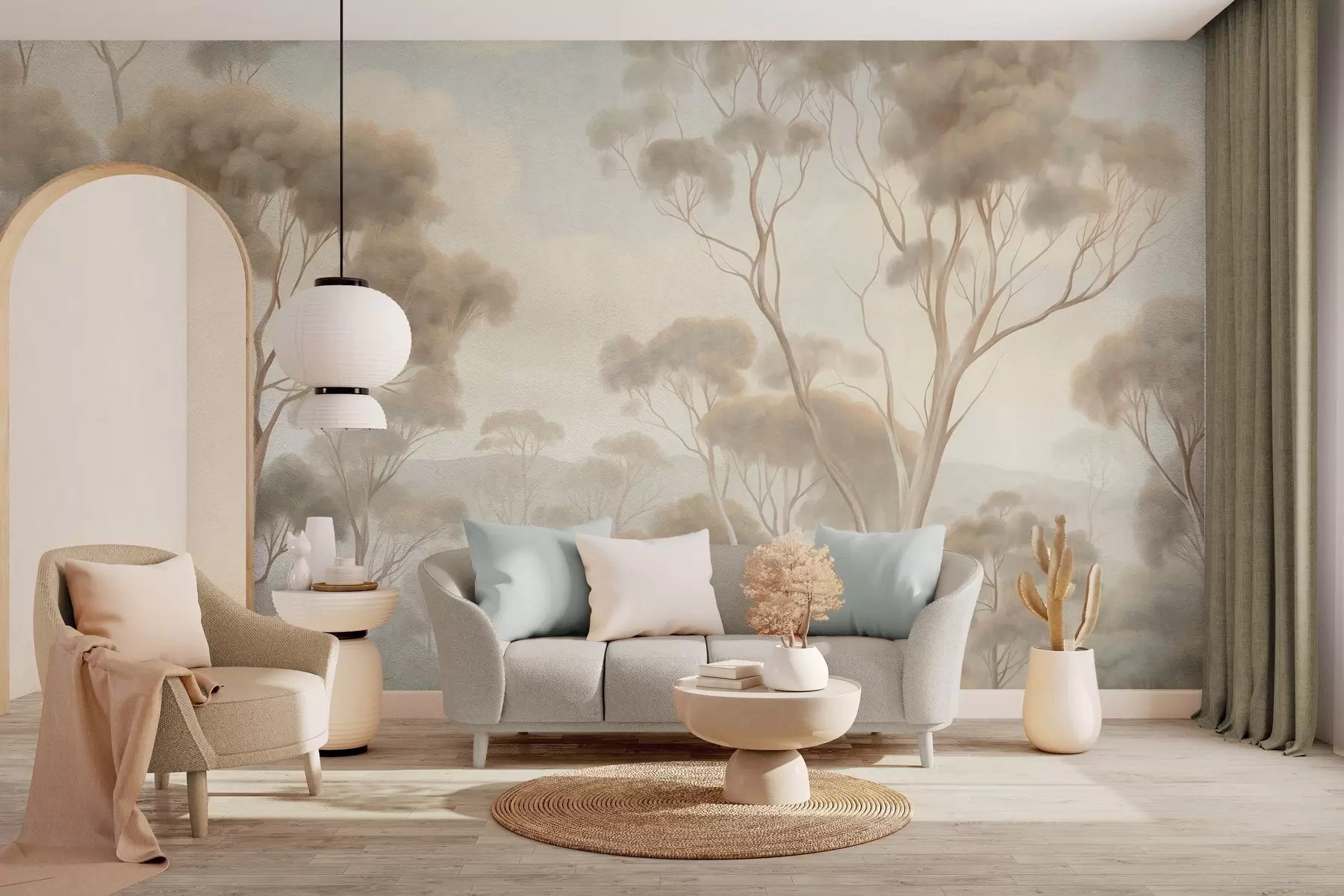 peintures murales Un paysage forestier brumeux avec de grands eucalyptus, des collines ondulantes sous un ciel nuageux, illustration texturée w09822